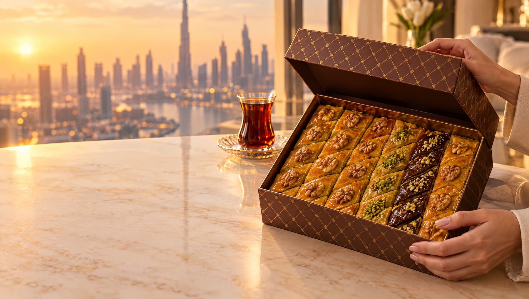Hands opening a walnut-brown paxlava.ae gift box full of paxlava, Dubai skyline at sunset behind